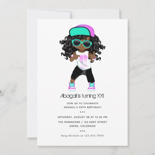 ヒップホップをテーマにした女の子の誕生日 招待状 (正面)