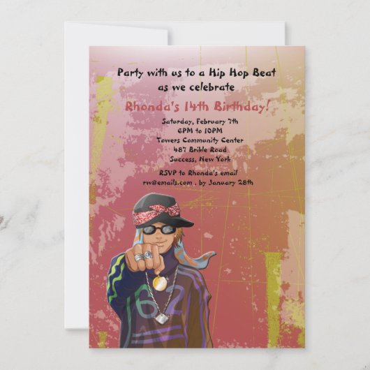 ヒップホップガールバースデーパーティーへの招待 招待状 (正面)