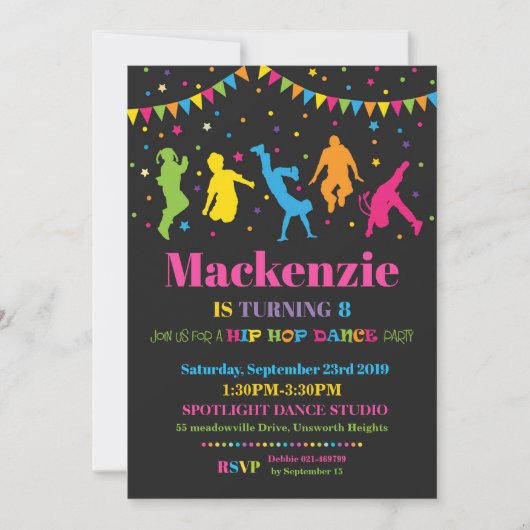 ヒップホップダンスバースデーパーティー招待ガール 招待状 (正面)