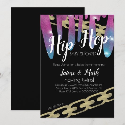 ヒップホップベビーシャワーフェイクグリッターピンクドリップ 招待状 (正面/裏面)