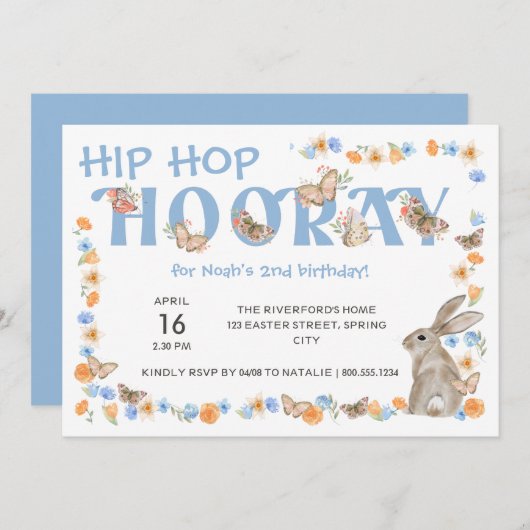 ヒップホップホーレイバニーアンドバタフライボーイズ誕生日 招待状 (正面/裏面)