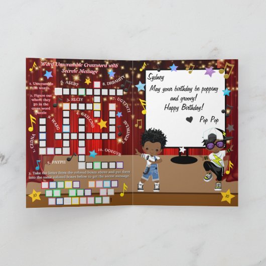 ヒップホップワードのスクランブル解除クロスワードハッピーバースデー カード (内部)