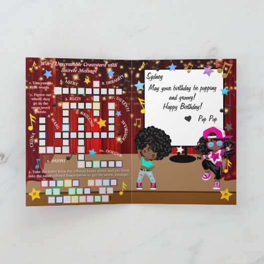 ヒップホップワードスクランブルクロスワードガールズ誕生日 カード (内部)