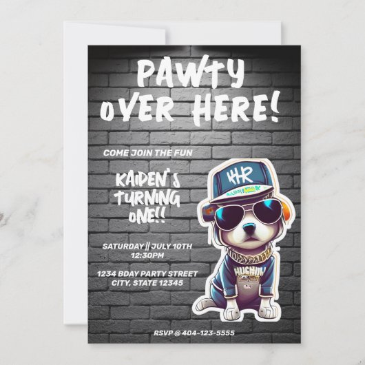 ヒップホップ子犬レンガの壁の最初の誕生日パーティー 招待状 (正面)