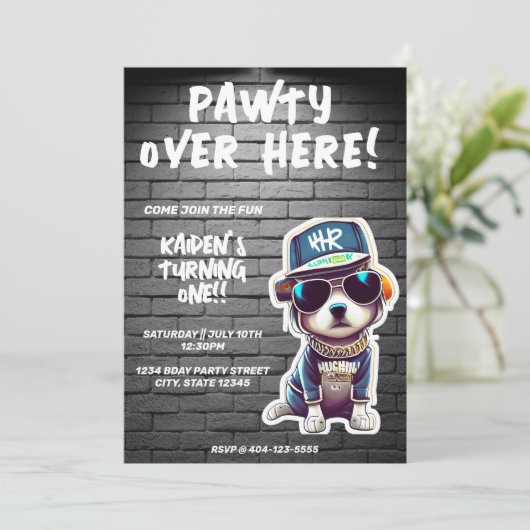 ヒップホップ子犬レンガの壁の最初の誕生日パーティー 招待状 (スタンド正面)