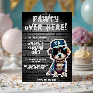 ヒップホップ子犬レンガの壁の最初の誕生日パーティー 招待状