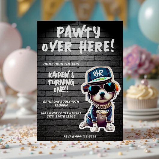 ヒップホップ子犬レンガの壁の最初の誕生日パーティー 招待状
