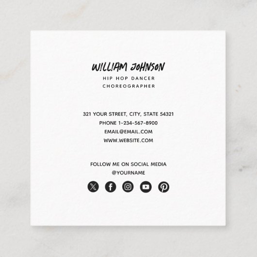 ヒップホップ振付家フォトQRコードソーシャルメディア スクエア名刺 (裏面)