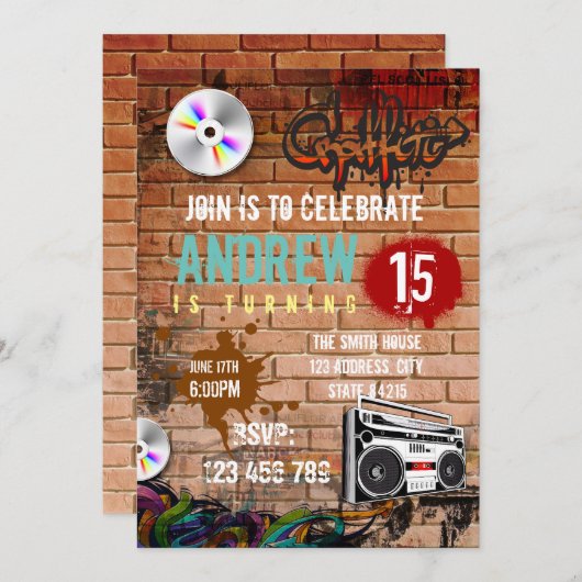 ヒップホップ誕生日パーティーの招待 招待状 (正面/裏面)
