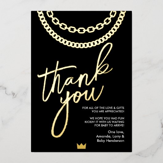 ヒップホップ金ゴールドチェーン赤ちゃんシャワーサンキューカード 箔招待状 (正面)