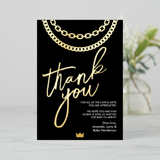 ヒップホップ金ゴールドチェーン赤ちゃんシャワーサンキューカード 箔招待状 (立ち正面)