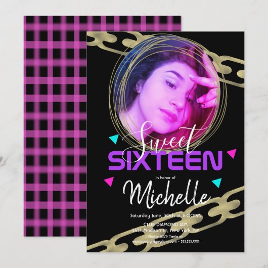 ヒップホップ スウィート シックスティーン ゴールド リング コンフェッティ フォト 招待状 (正面/裏面)