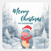 ヒッポおもしろいメリークリスマスツリー雪ホリデーパーティー スクエアシール (正面)