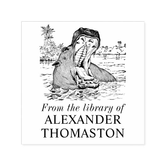 ヒッポが水の中で口を大きく開けた図書館の本の名前 セルフインキングスタンプ (デザイン)