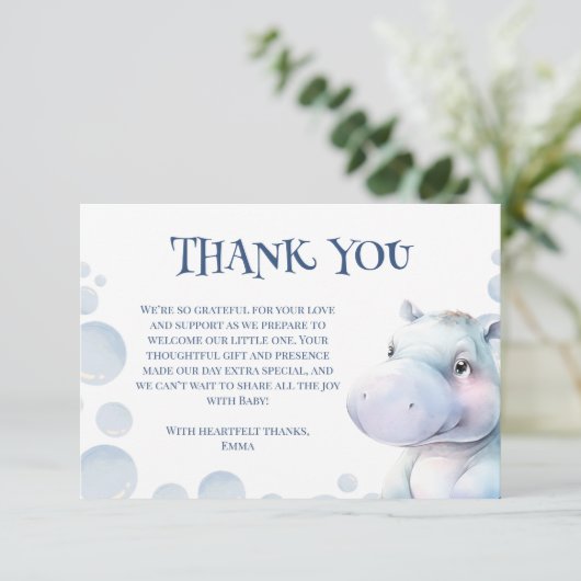 ヒッポをテーマにした赤ちゃんシャワー サンキューカード (スタンド正面)