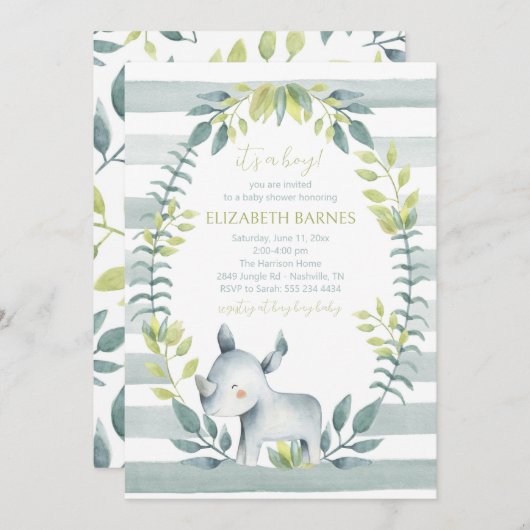 ヒッポジャングル動物ベビーシャワー招待状 招待状 (正面/裏面)