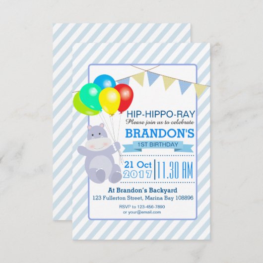 ヒッポバルーン·アドベンチャー1回目の誕生日 招待状 (正面/裏面)