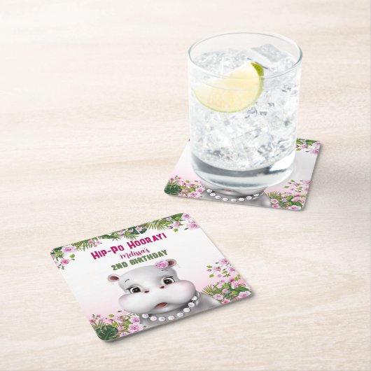 ヒッポピンクフローラガール誕生日 スクエアペーパーコースター (インサイチュ)