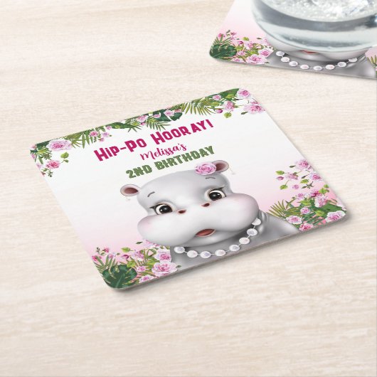 ヒッポピンクフローラガール誕生日 スクエアペーパーコースター (アングル)