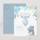 ヒッポ誕生日ソフトブルーシンプルの招待 インビテーションポストカード (正面/裏面)