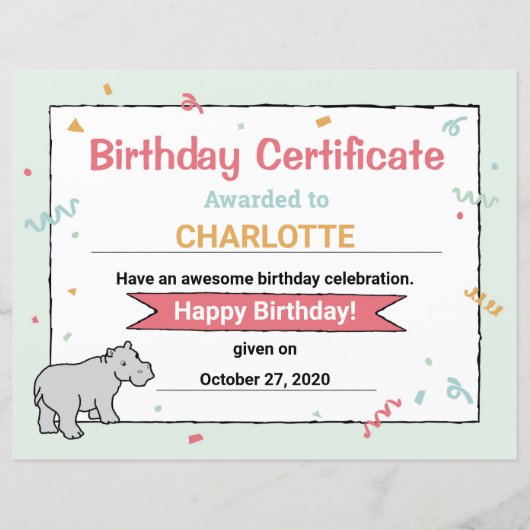 ヒッポ誕生日パーティーHippo Hippotamus証明書 (正面)