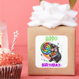 ヒッポ誕生日陽気カラフルキャンディスワール | スクエアシール