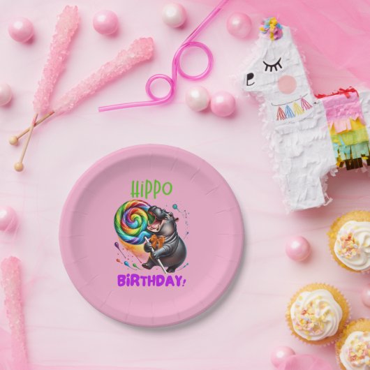 ヒッポ誕生日陽気カラフルキャンディスワール | ペーパープレート (パーティー)