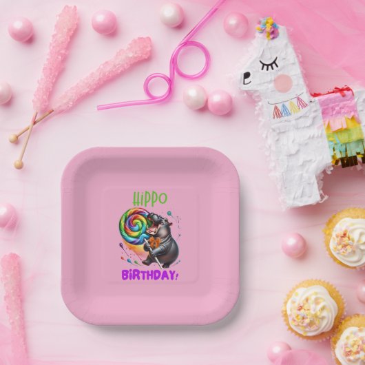 ヒッポ誕生日陽気カラフルキャンディスワール | ペーパープレート (パーティー)