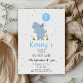 ヒッポ魅力的ブルーバルーン1st誕生日 招待状