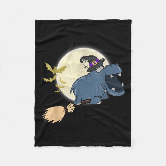 ヒッポ魔女に乗ってブロム面白いハロウィーン動物 フリースブランケット (正面)