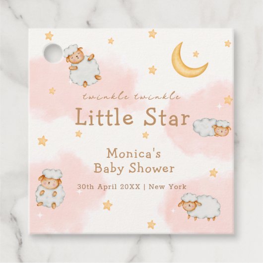 ヒツジきらめく月の星ガールベイビーシャワー フェイバータグ (正面)