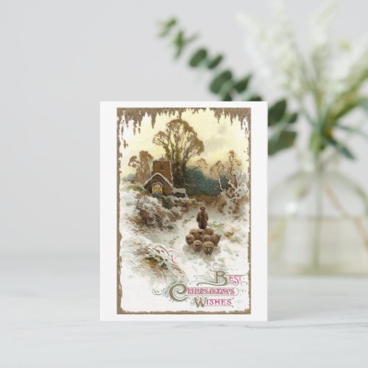 ヒツジのヴィンテージのクリスマスを集めている羊飼い シーズンポストカード (スタンド正面)