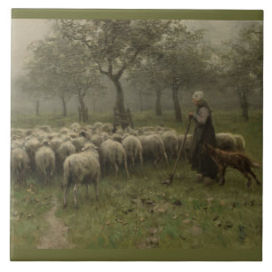 ヒツジの群、アントンの藤色を持つShepherdess タイル