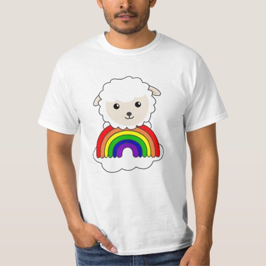 ヒツジの虹の甘い動物カラフル羊の甘い Tシャツ (正面)