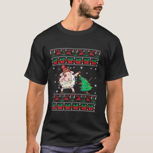 ヒツジの醜いクリスマスのセーターだビング羊のクリスマスエル Tシャツ (正面)