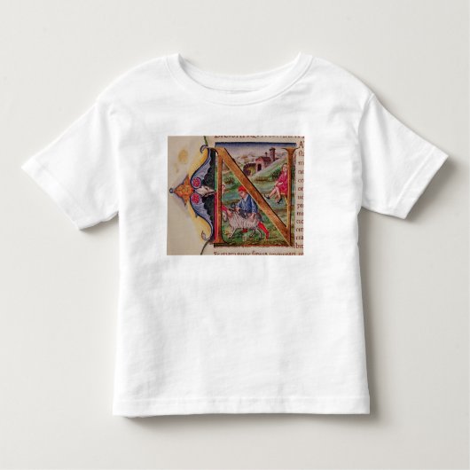 ヒツジを描写しているHistoriatedのイニシャル「N」 トドラーTシャツ (正面)