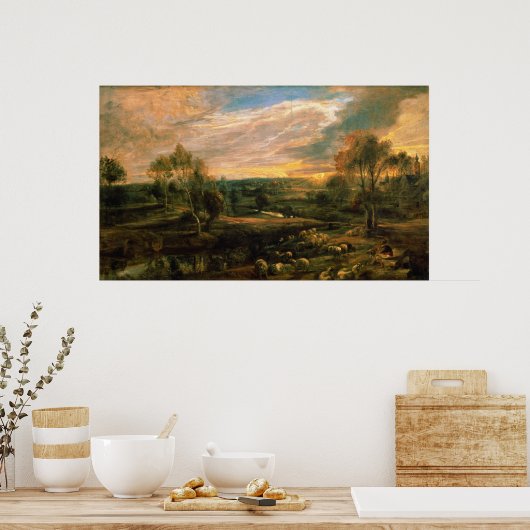 ヒツジ飼とヒツジの群れの風景 ポスター (キッチン)