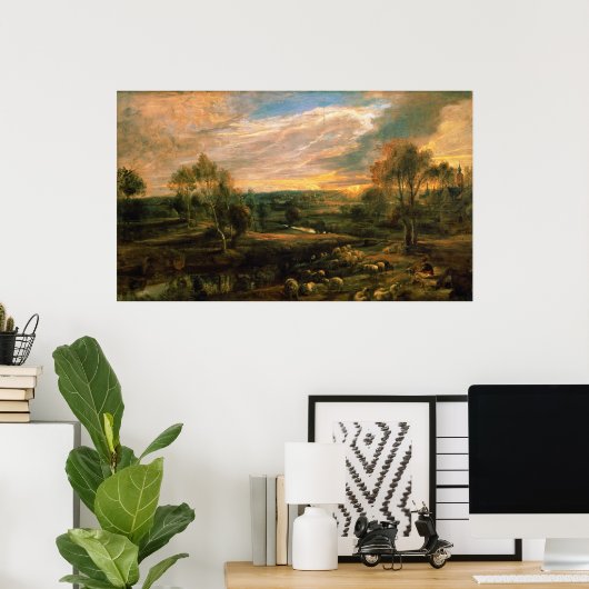 ヒツジ飼とヒツジの群れの風景 ポスター (ホームオフィス)