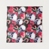 ヒトのスカルで、フラミンゴと紅バラの花を持つ海 タペストリー (正面(横))