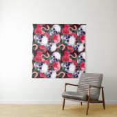 ヒトのスカルで、フラミンゴと紅バラの花を持つ海 タペストリー (インサイチュ(横))