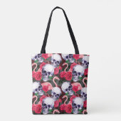 ヒトのスカルで、フラミンゴと紅バラの花を持つ海 トートバッグ (裏面)