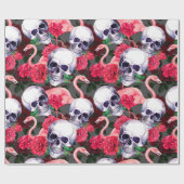 ヒトのスカルで、フラミンゴと紅バラの花を持つ海 ラッピングペーパー (フラット)