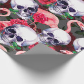 ヒトのスカルで、フラミンゴと紅バラの花を持つ海 ラッピングペーパー (角)