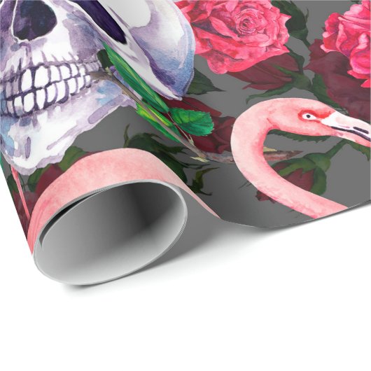 ヒトのスカルで、フラミンゴと紅バラの花を持つ海 ラッピングペーパー (ロールコーナー)