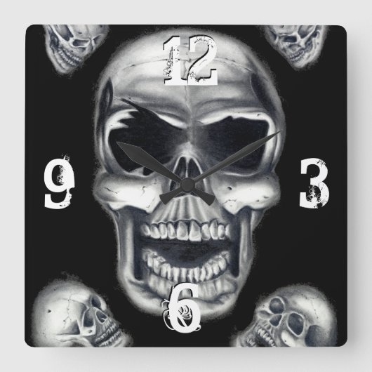 ヒトスカルブラックウォールクロック スクエア壁時計 (正面)