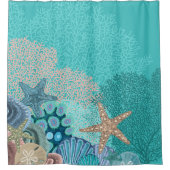 ヒトデおよび海ファンが付いている珊瑚礁 シャワーカーテン (正面)