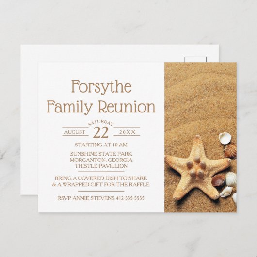 ヒトデおよび貝殻のビーチの家族会 インビテーションポストカード (正面/裏面)