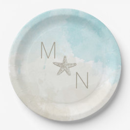 ヒトデが付いているビーチの水彩画 ペーパープレート