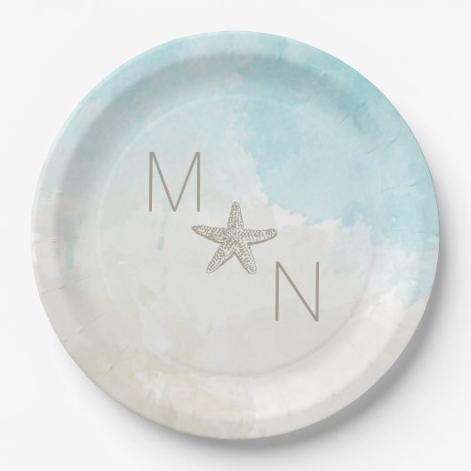 ヒトデが付いているビーチの水彩画 ペーパープレート (正面)