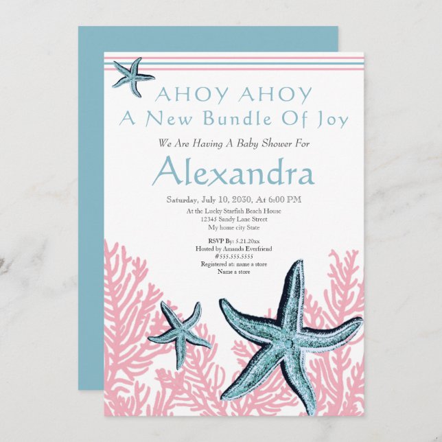 ヒトデとサンゴのベビーシャワー招待状 ダスティーブルー (正面/裏面)